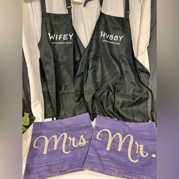 Black 'Wifey' and 'Hubby' Apron Set with Purple 'Mr.' and 'Mrs.' Pillow covers - Picture 1 of 12
